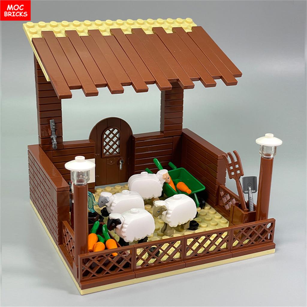 MOC Кирпичи Милая Овца Коза Сарай Овчарня Животное DIY Ферма Пастбище Вид Строительные Блоки Аксессуары Детские Игрушки Подарки