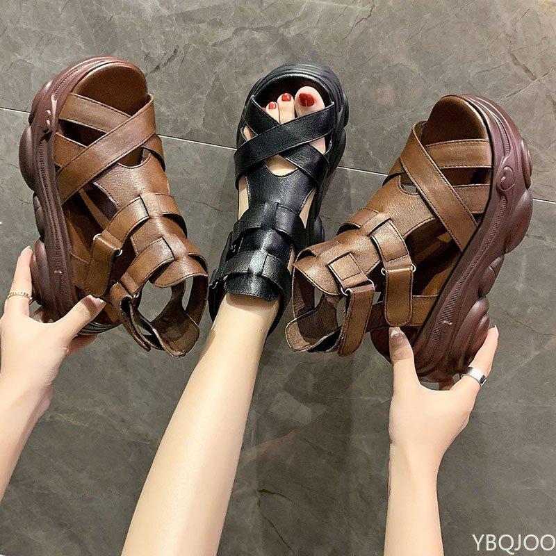 Модные туфли на танкетке в стиле ретро, женские сандалии из натуральной искусственной кожи, застежка-липучка в стиле ретро 2024, новые летние сандалии ручной работы на платформе