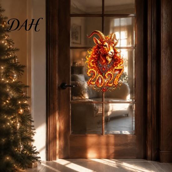 Office Window Holiday Stickers Chinese New Year Sticker, 2027 Goat Static Clings, Flame Textured Sheep Pattern Reusable Lunar Xmas Decor for Home Shop