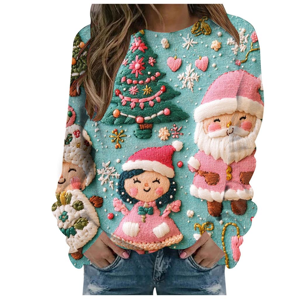 Женская рождественская толстовка с принтом Санта-Клауса, повседневная, с длинным рукавом, с круглым вырезом, новогодняя, осенняя одежда