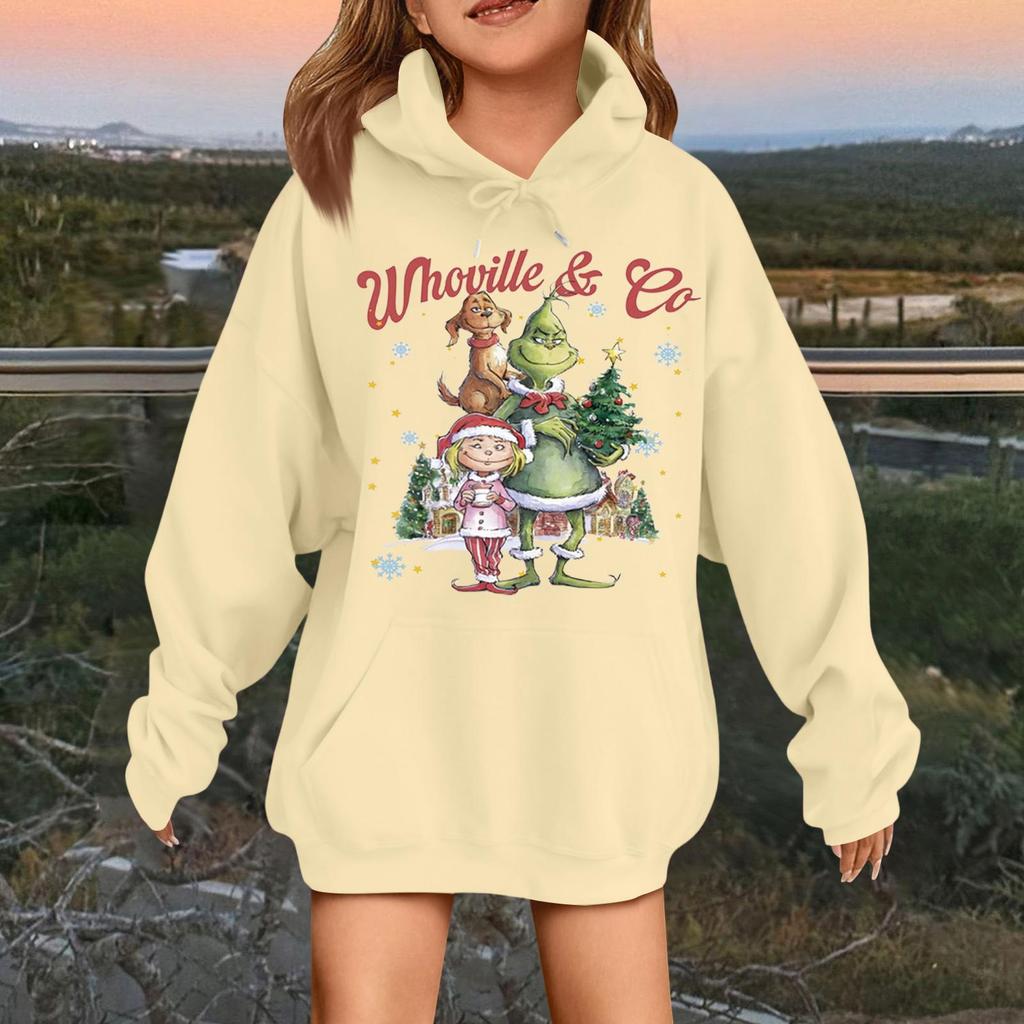 Детская модная повседневная толстовка с капюшоном свободного кроя с длинными рукавами и рождественским принтом