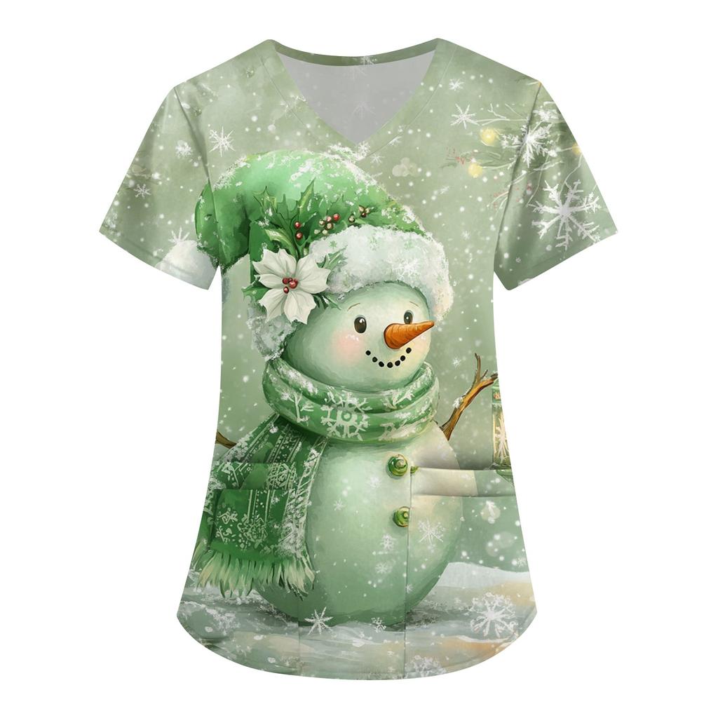 Женская симпатичная рабочая одежда с принтом, V-образным вырезом, двухслойными карманами, базовым коротким рукавом, пуловером на Рождество