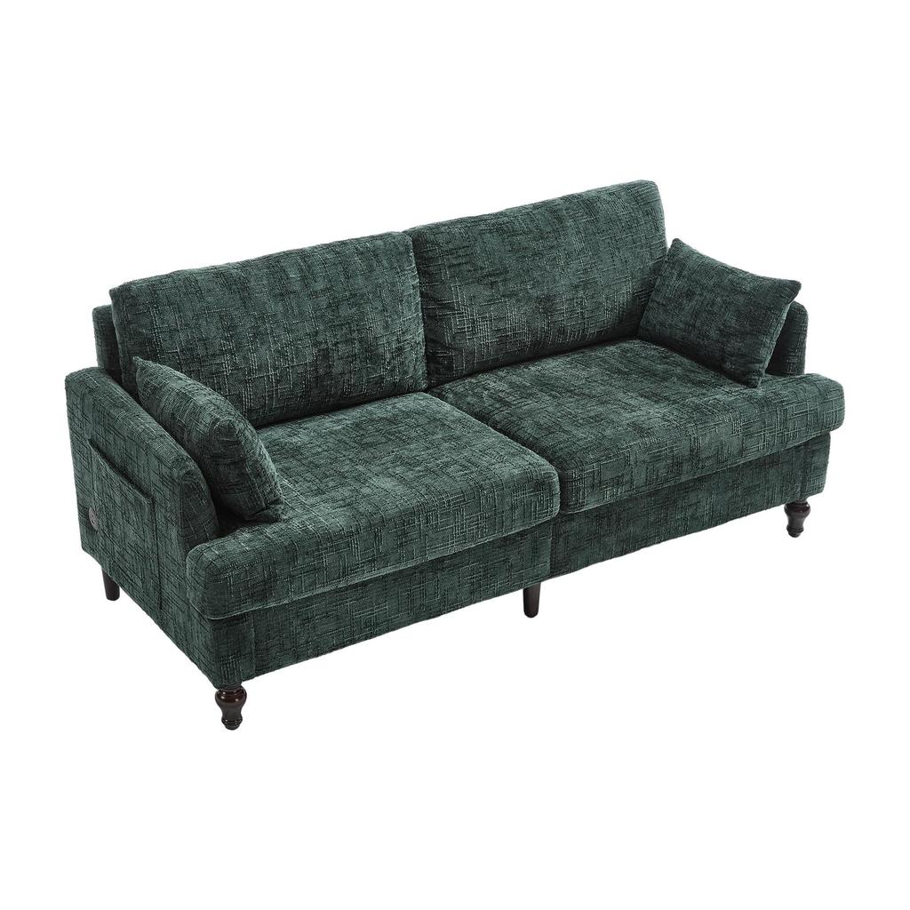 Modern two-seater Chenille sofa, wooden legs, LED lights, USB charger and storage bag