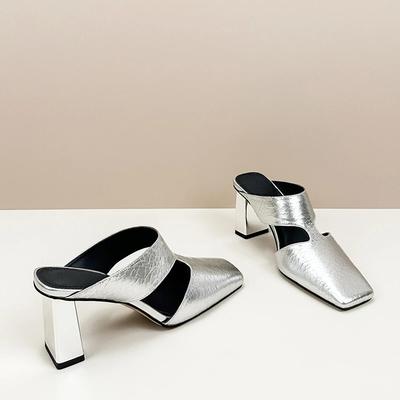 Новые туфли-лодочки Женские сандалии Уличные Натуральная кожа Трещины Шлепанцы Женская мода Квадратный носок Мюли На высоком каблуке Шлепанцы Обувь