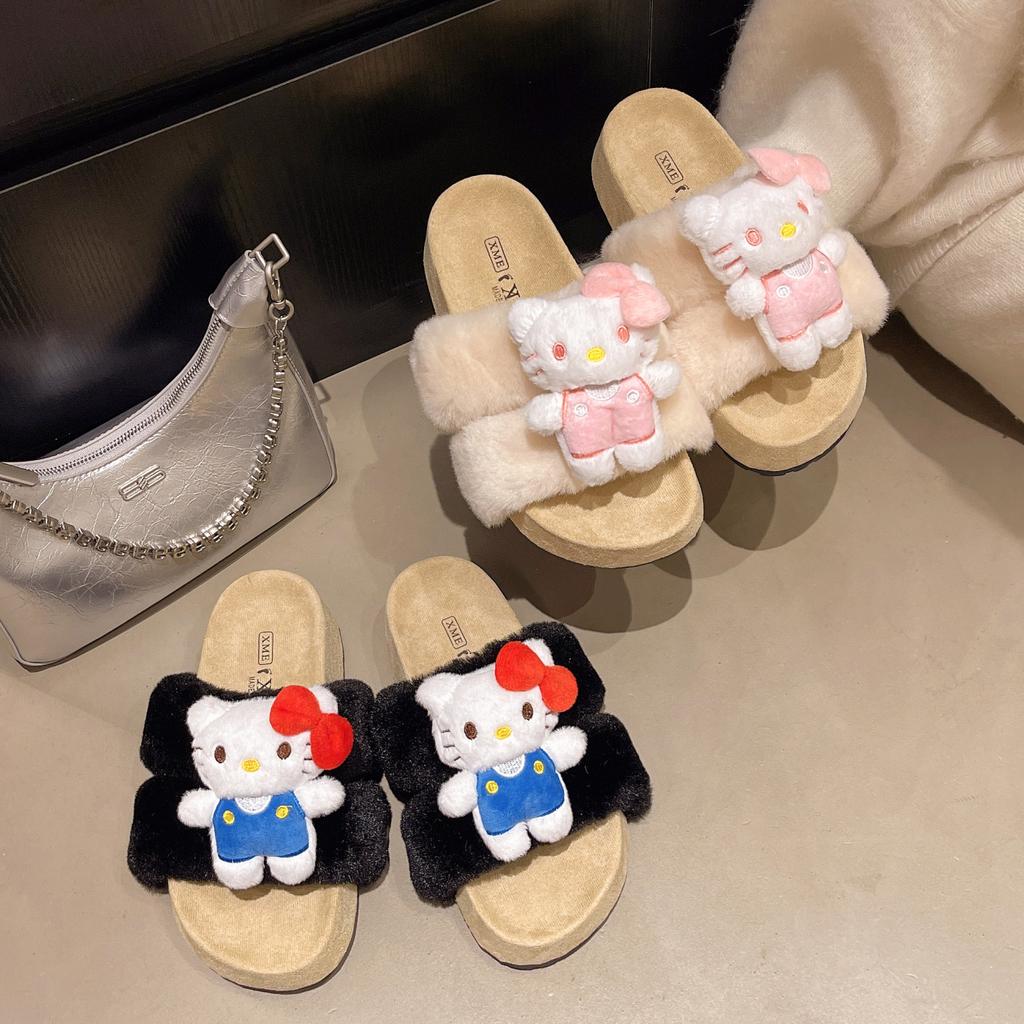 Cute Cartoon Girl Heart Polka Dot Hello Kitty Cotton Slippers Women's 2025 Autumn and Winter New Home Warm Fluffy Slippers
