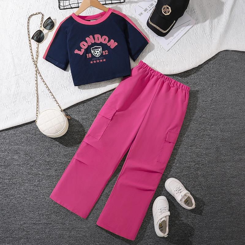 Girls' Fashion Set 2025 Summer Children's Letter Short Sleeve Top Casual Cargo Pants Two-piece Set