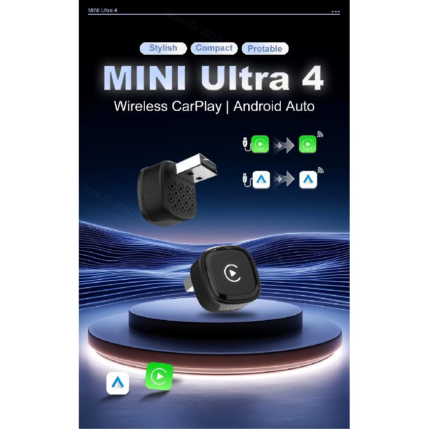 Mini Ultra 4 Wireless Android Auto Box CarPlay Adapter Wired To Wireless Dual Mode USB Plug and Play Car Play Dongle OTA Update