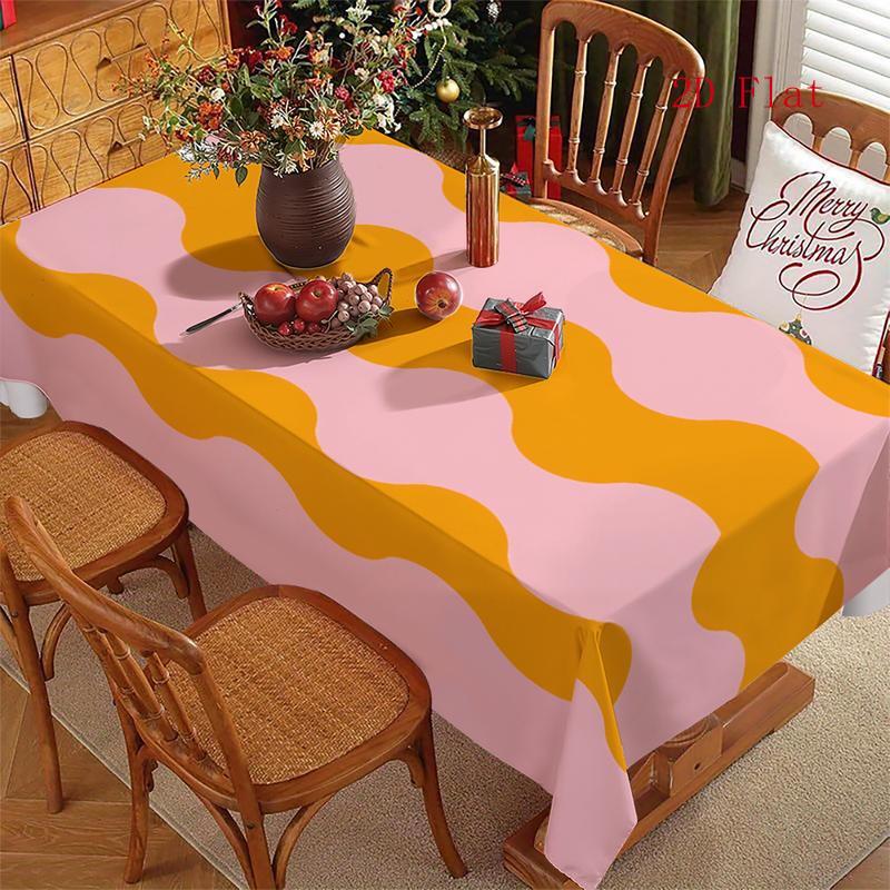 2D Flat 1pc - Rectangular Tablecloth, Made of Polyester, with Alternating Pink And Orange Wavy Stripes, Available in Various Sizes, Easy to Clean, Sui