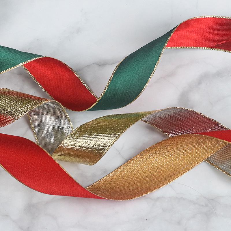 Романтичная и уютная рождественская лента Копировальная проволока Двусторонняя металлическая серебряная красная зеленая золотая полиэстеровая лента Подарочная коробка Упаковка Декоративная цветная лента для галстука
