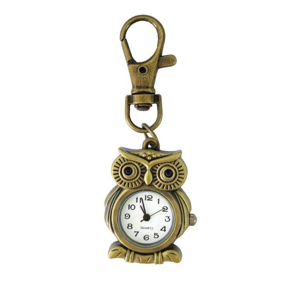 Alloy Clock Keychain Owl Shape Mini Hanging Watch Vintage Pocket Watch