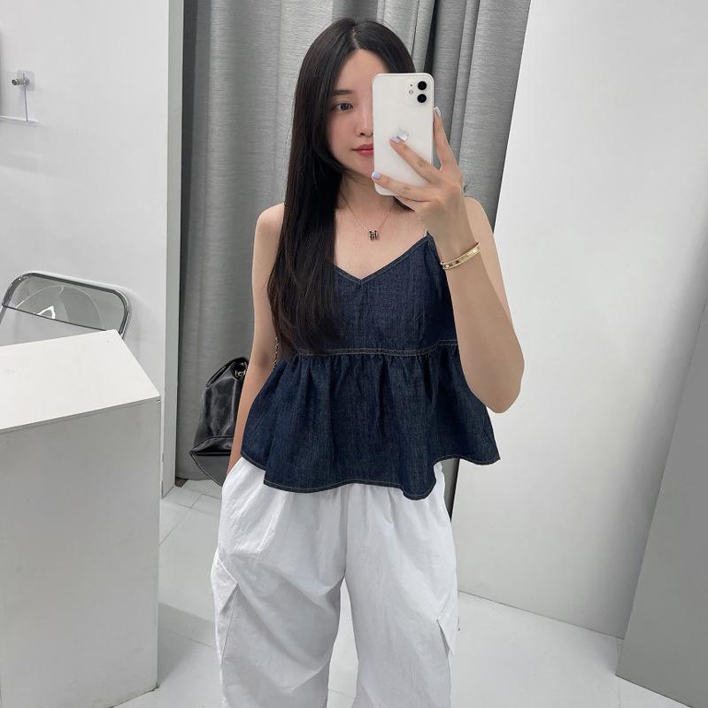 Стильный жилет, элегантность, мода, повседневный, темный деним, V-образный вырез, майка, женская, многослойная, летняя, с оборками, свободная внутренняя короткая безрукавка
