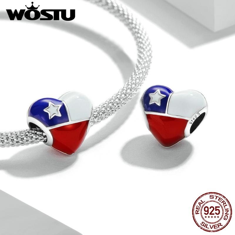 WOSTU Подвеска из стерлингового серебра 925 пробы в форме сердца с чилийским флагом, подходит для оригинального браслета 3 мм, женские украшения
