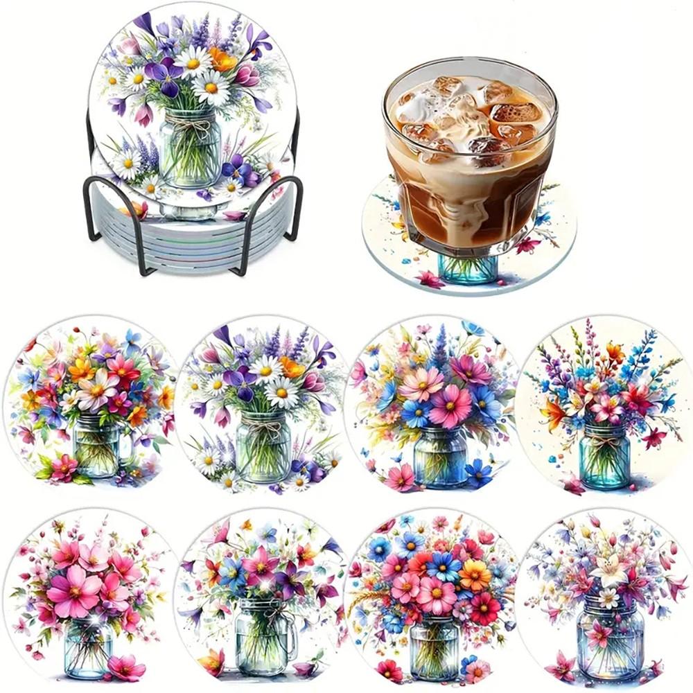 8 шт./набор подставок под стакан с вышитыми цветами в виде шаров, расписанных алмазами, с держателем, подставка под стакан своими руками для начинающих и взрослых, товары для творчества и рукоделия в подарок