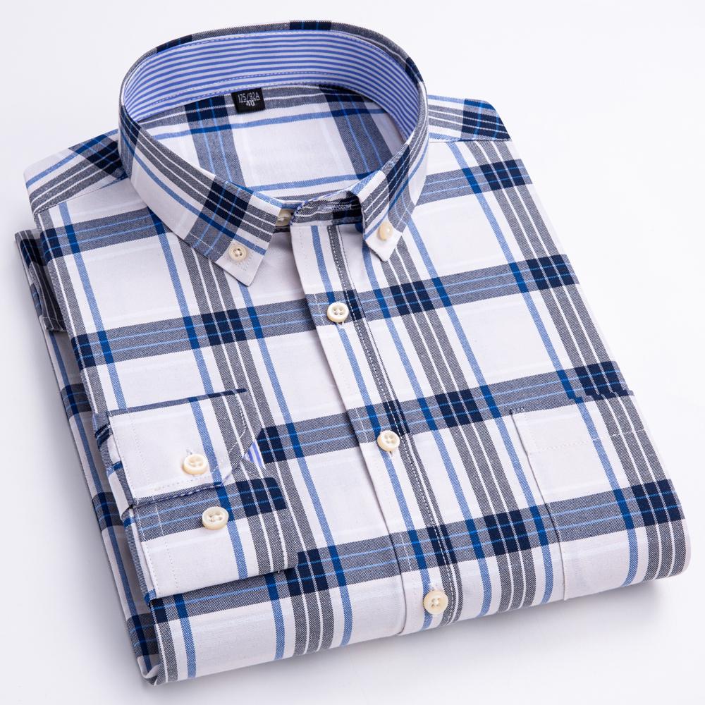 Men's Plaid Checkered Long Sleeve Oxford Woven Shirt Single Patch Pocket 100% Cotton Standard-fit Versatile Casual Shirts