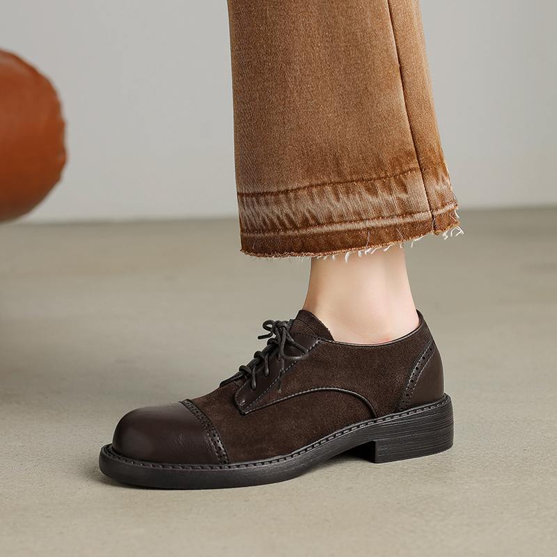 Krazing Pot Cow Skin Nubuck Spring Summer Size 40 Loafers Thick Med Heels Lace Up Women Round Toe Leisure Pumps