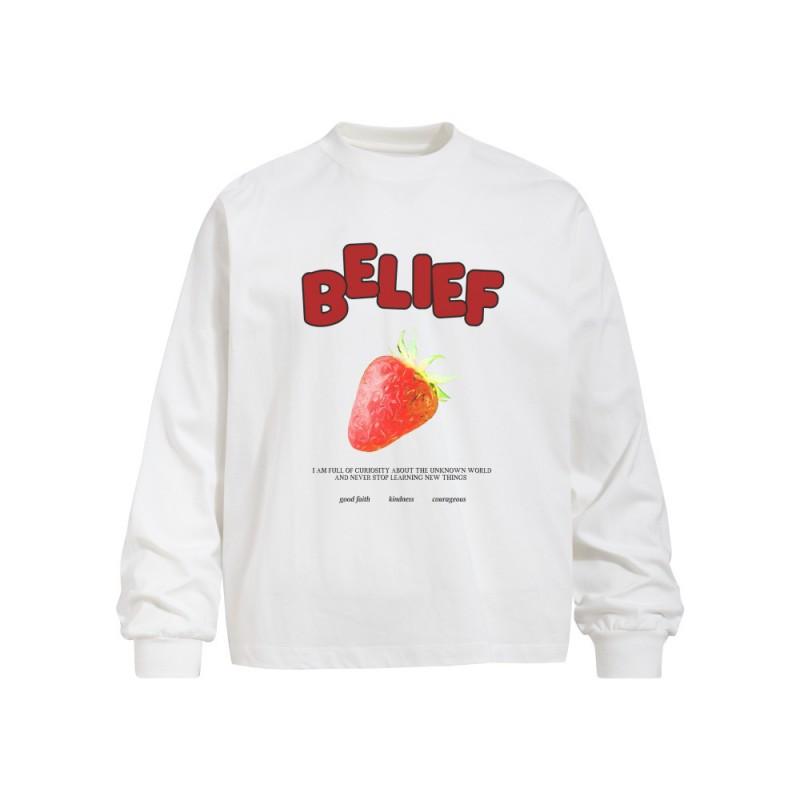 Mens Loose Fit Long Sleeve Cotton T-Shirt With 3D Strawberry Print Streetwear Casual Top Fall