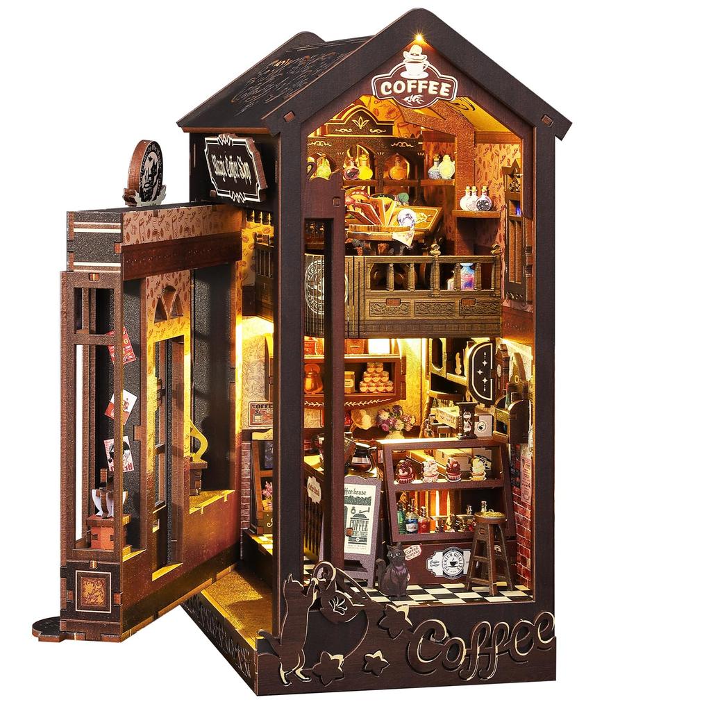 QmXCyzl Wooden DIY Dollhouse Kit with Miniature 3D Bookstand and Holiday Gift Building Scenario (Magic Coffee)