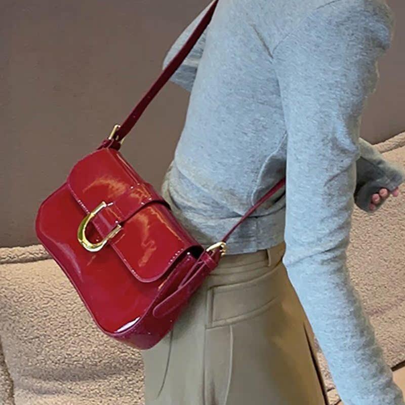 Ретро Лаковая Сумка Через Плечо Для Женщин Роскошная Сумка С Клапаном Crossbody Однотонная Сумка Под Мышку Премиум Прочная