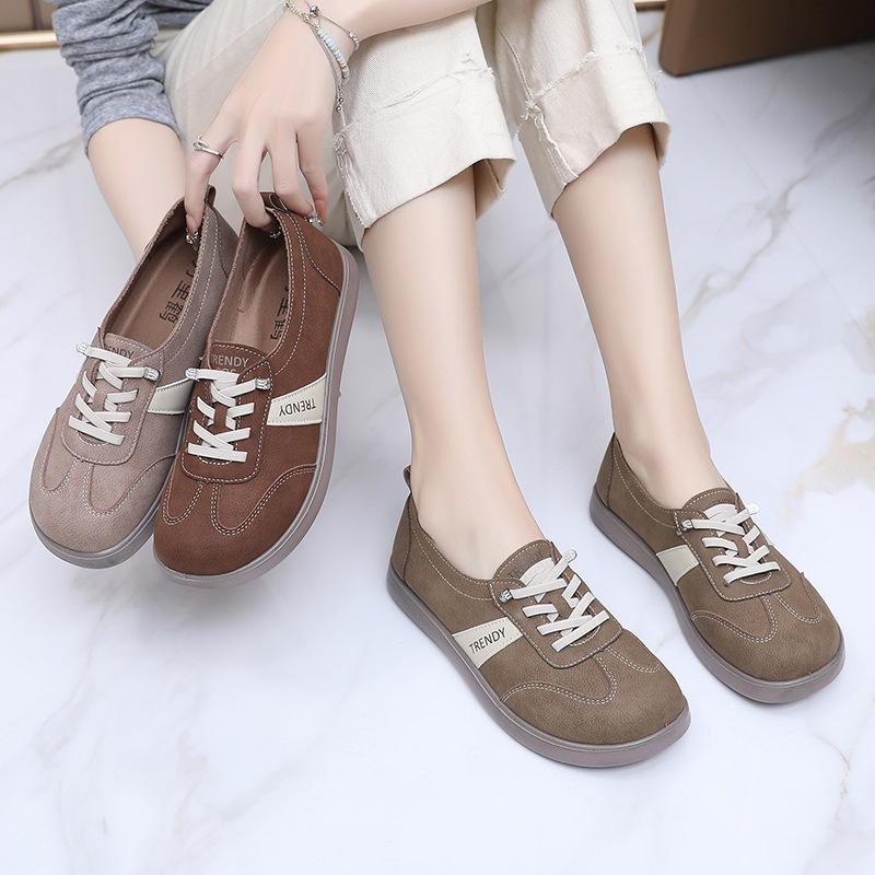 Туфли женские 2025 весна новая мода мягкая подошва повседневная обувь нескользящая универсальная шнуровка спортивная обувь круглый носок балетки