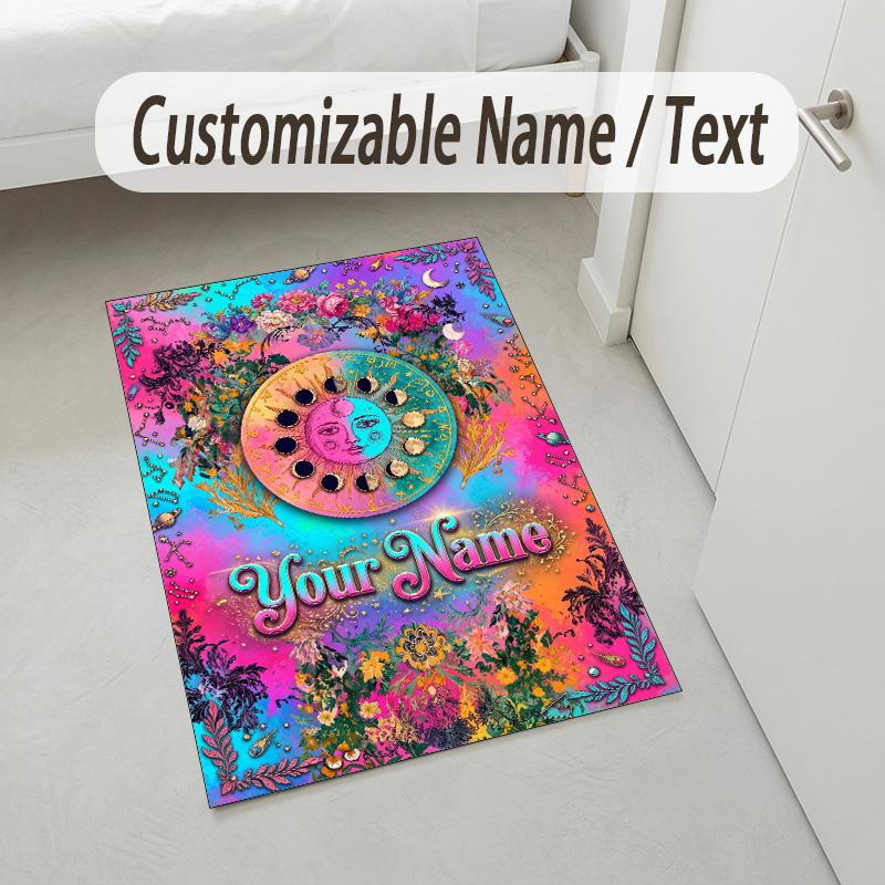 Floral Garden Theme Crystal Velvet Rug Personalized Custom Name Text Soft Floor Mat Home Decor