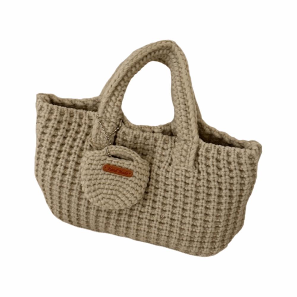 Classic Knitted Handbag Crochet Large Sized Cotton Thread Woven Bag With Small Purse Solid Color Vintage Style Bag Casual Use
