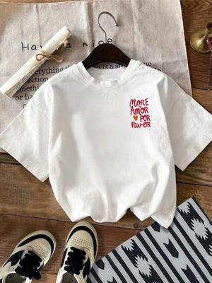 Женская футболка с графикой в виде сердца и букв, повседневный топ с коротким рукавом и круглым вырезом, креативная простота, лето, весна