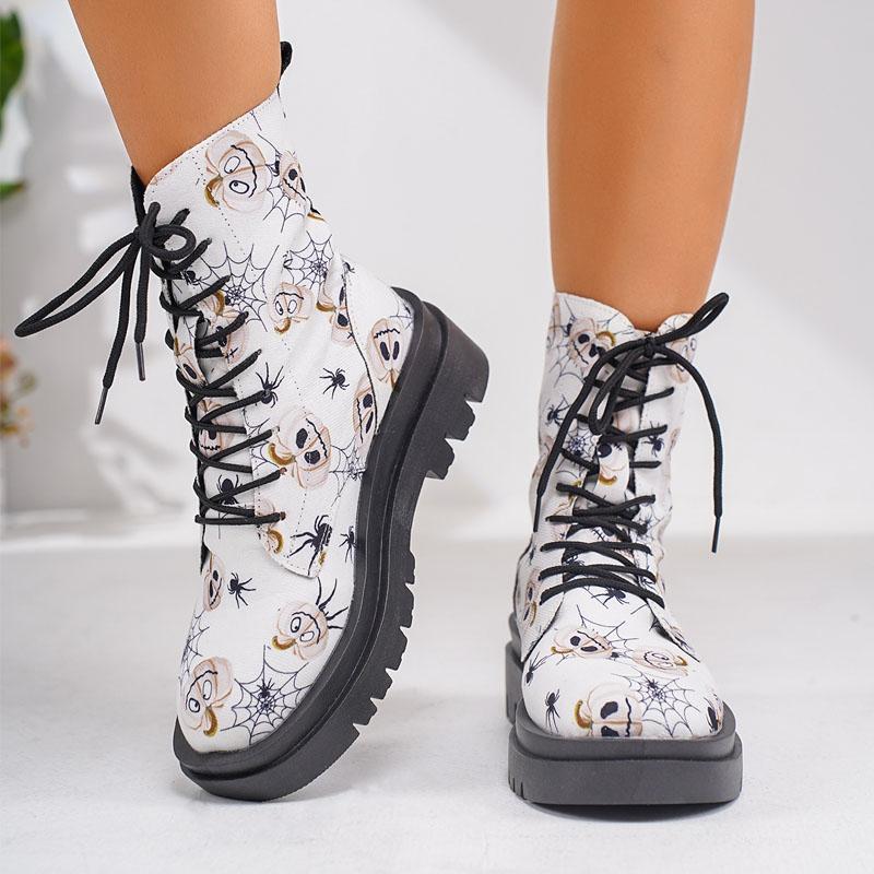 Осенние женские сапоги с принтом на Хэллоуин, ботильоны с тыквой и летучей мышью ко Дню всех святых, готическая обувь, модные сапоги на платформе и каблуке со шнуровкой для верховой езды