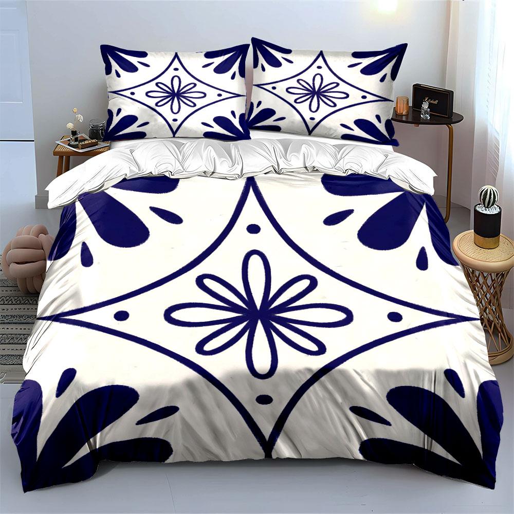 Symmetrical Blue and White Floral Pattern Print Bedding Set 1 Duvet Cover 2 Pillowcases for Adult and Children Luxury Gift