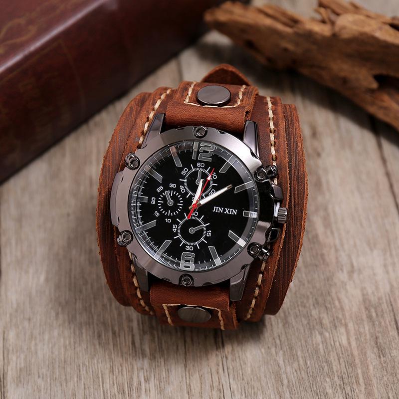 Punk Retro Large Dial Hand-stitched Cowhide Watch with Hip Hop Leather Bracelet