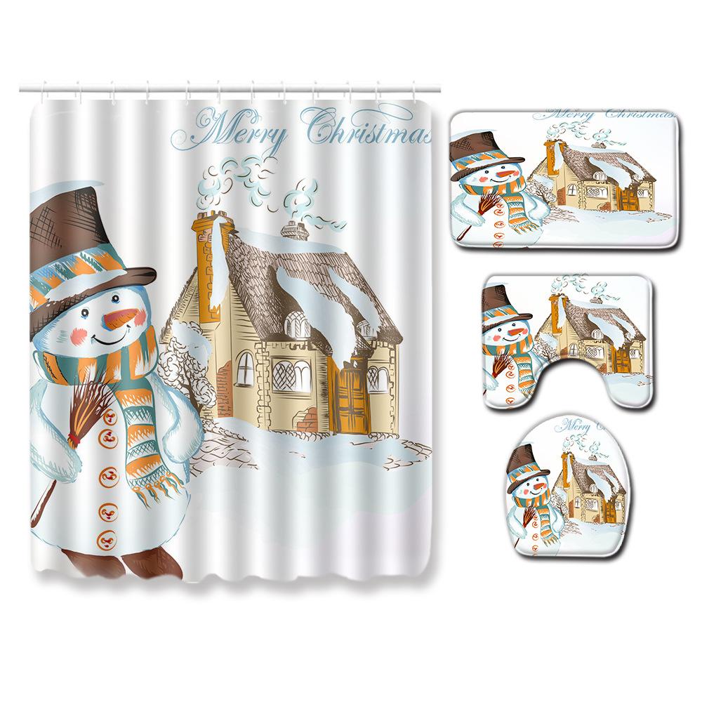 Christmas Home Shower Curtain Waterproof Polyester Cloth Toilet Floor Mat Four-Piece Set Entrance Door Mat Bedroom Living Room Carpet