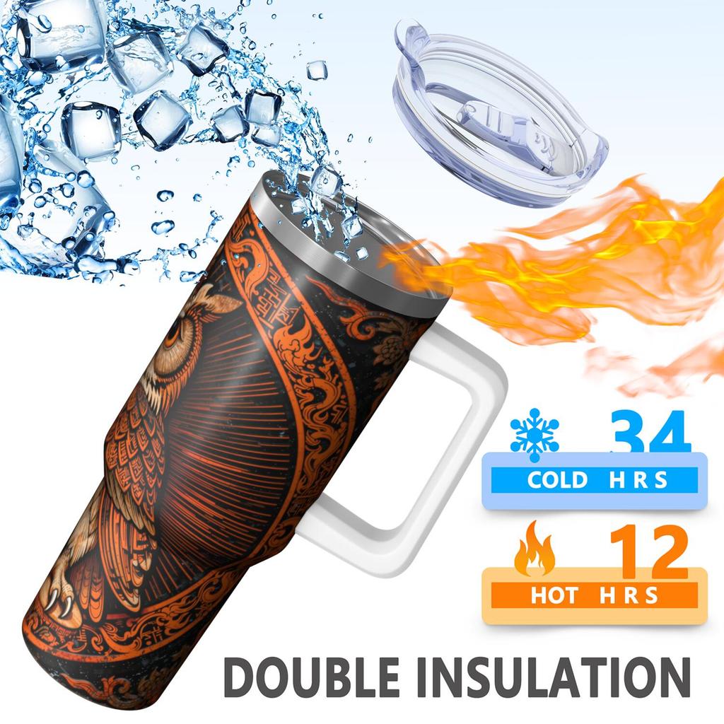 Owl Handle Cup Set with Straw, Maximum Capacity 40oz, Inner Layer 304 Stainless Steel, Outer Layer 201 Stainless Steel, Seamless Inner Liner, Lid