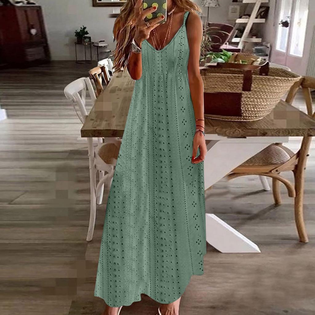 Women's Hollowed Out Vacation Long Dress Color Sleeveless Suspender V-neck Dress