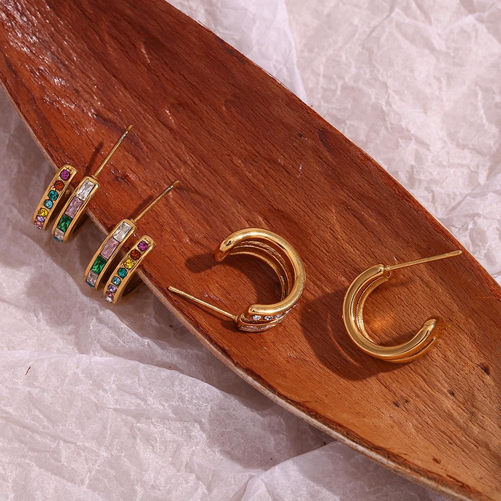 Women's Dainty Colorful Zircon Hoop Earrings Double Layer C Shape 18K Gold Plated Stainless Steel Trendy Style Blue Finch
