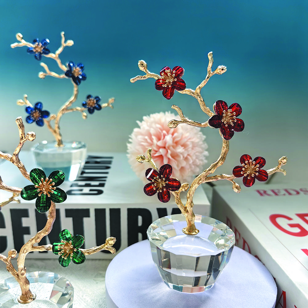 K9 Crystal Plum Flower Ornament with Pot Base Glass Artificial Simulation Flower for Home Wedding Party Decor Souvenir Gift