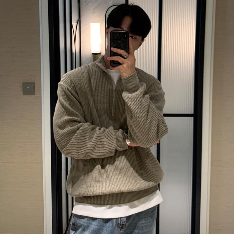 Мужской кардиган в корейском стиле с застежкой-молнией на половину длины: Осенний тренд: красивый и универсальный вязаный свитер с воротником-стойкой.