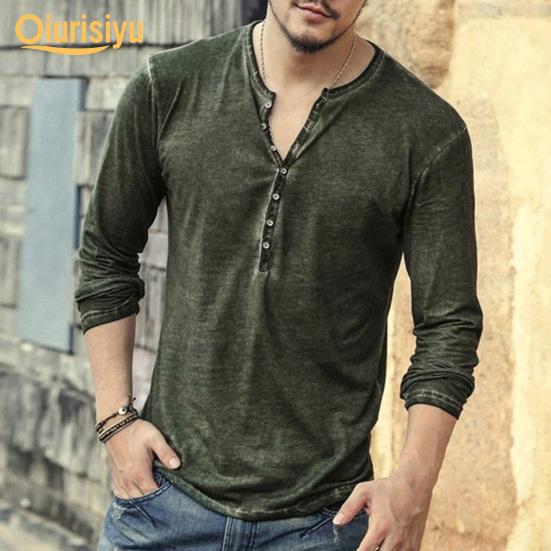 Men Solid Color Casual V Neck Thin Buttons T-shirt