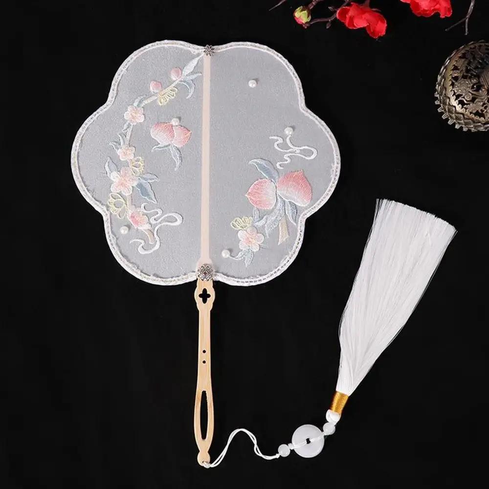 Clothing Acceessories Home Decoration With Tassel Long Handle Chinese Retro Style Embroidery Handheld Fan Pearl Edging