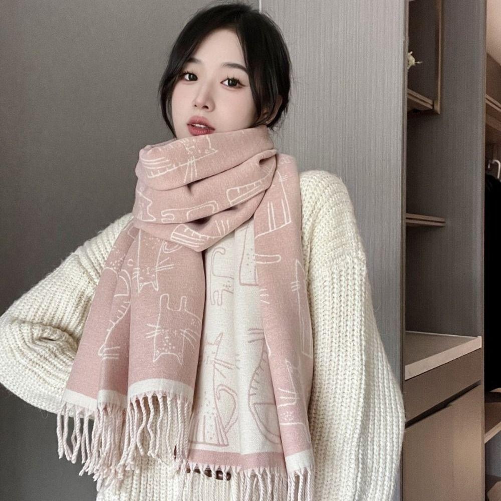Korean Style Cat Knitted Scarf Lightweight Cashmere Shawl Trendy Kitty Jacquard Weave Scarf Unisex