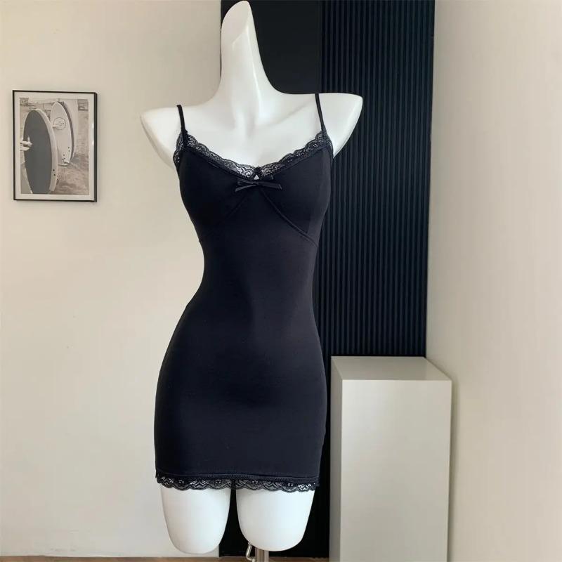 Sleeveless Dresses for Women Sexy Lace Hot Female Bodycon Dress Korean Fashion Mini Vestidos with Chest Pad Inner Wear Clubwear