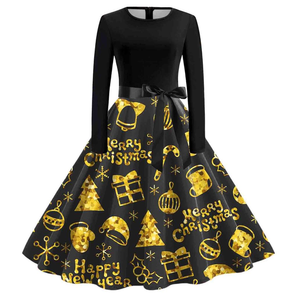 Женские повседневные модные длинные платья с рождественским графическим принтом и длинными рукавами в винтажном стиле