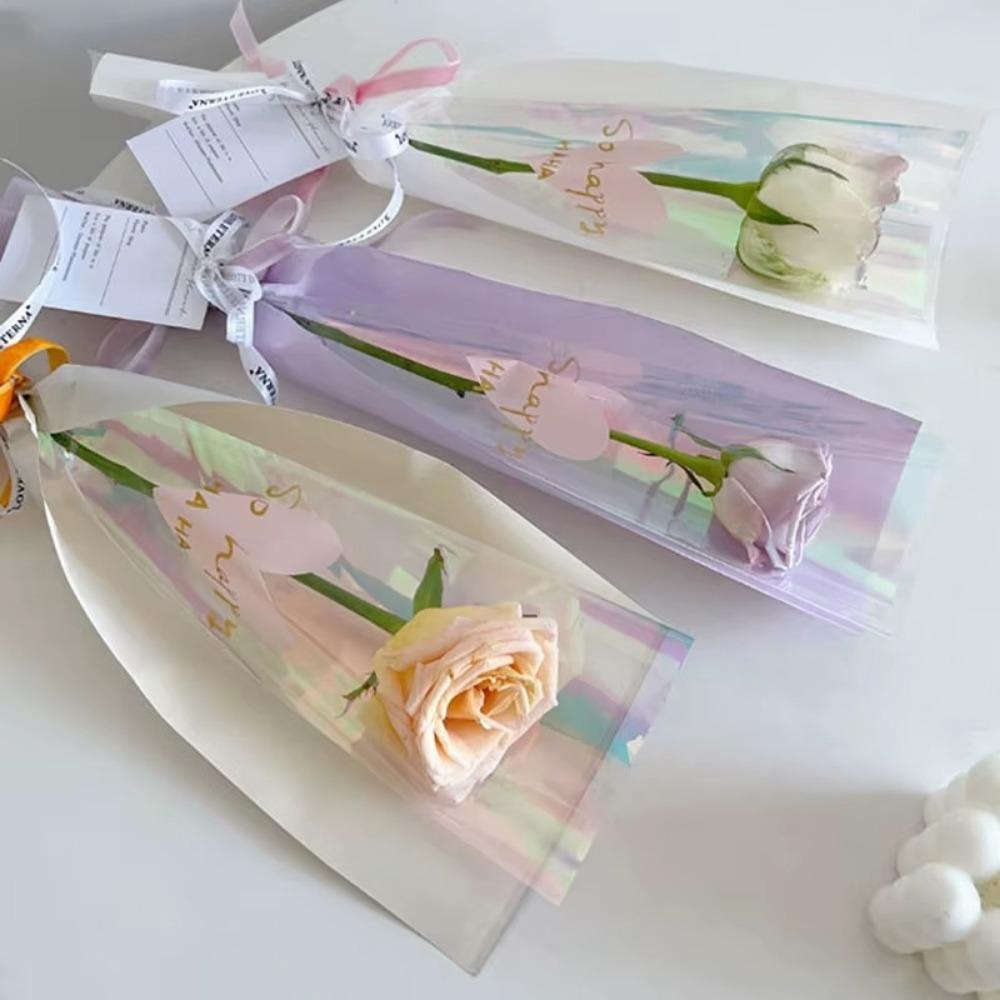 50pcs Waterproof Single Rose Sleeves Clear Bouquet Packaging Bags  For Valentine's Day