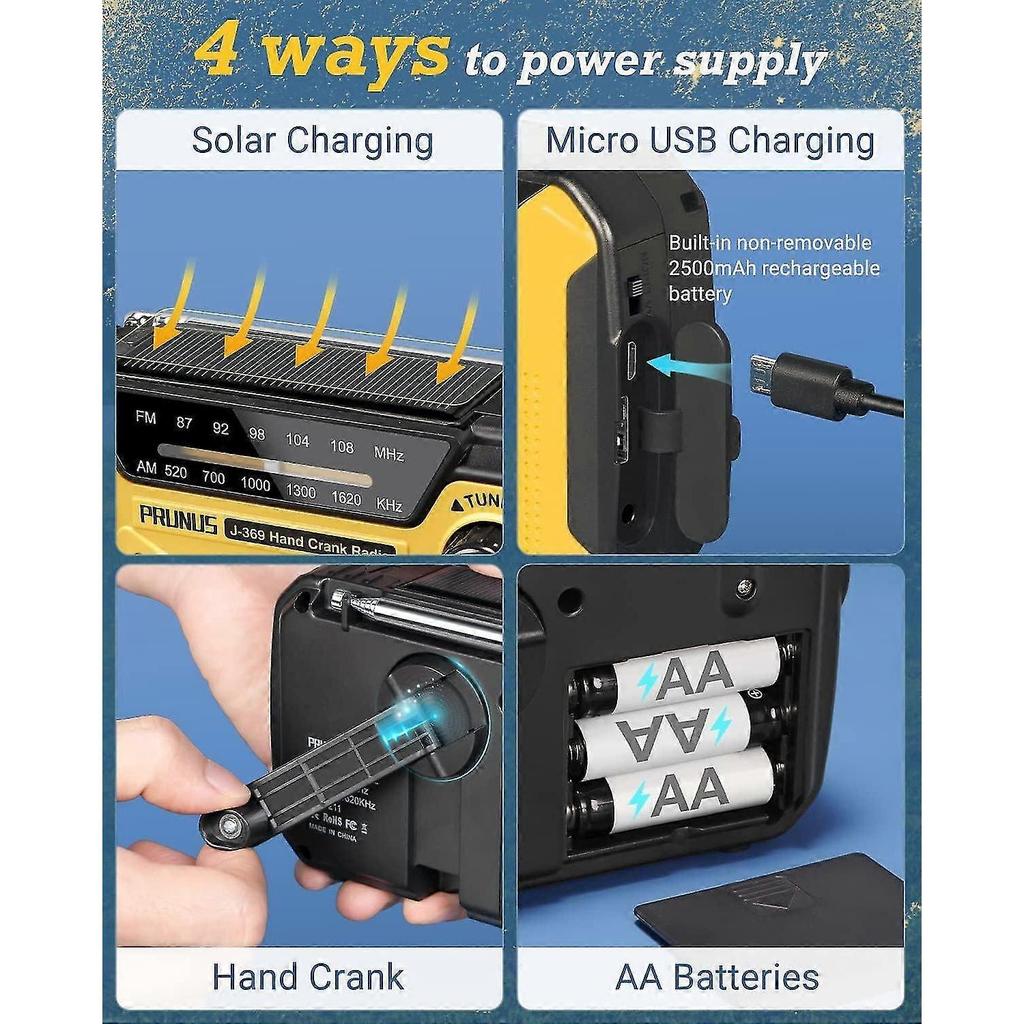 J-369 Emergency Solar Radio - 3000mAh Power Bank, AM/FM, Hand Crank, Flashlight, Reading Lamp, SOS Alarm for Survival & Outdoor