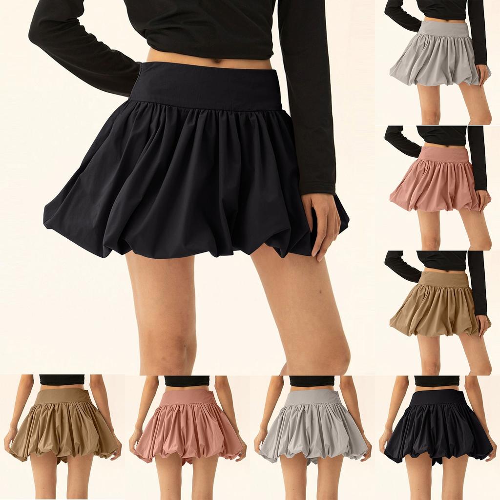 Women's Bubble Skirt Ruffle Hem Pleated Short Skirt High Waist PuffyStreetwear A-Line Flared Skirt