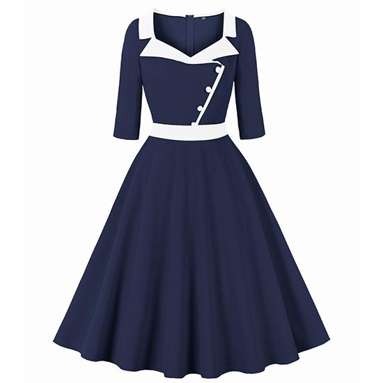 Весенний стиль, костюмный воротник, пэчворк, рукава три четверти, приталенный силуэт для подчеркивания фигуры, платье с широкой юбкой