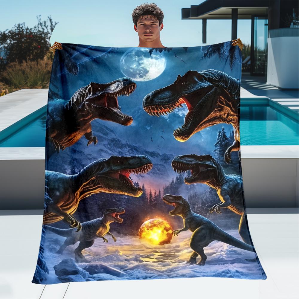 T Rex Dinosaur Moon Night Scene Fleece Blanket Prehistoric Wildlife Art Soft Plush Throw for Kids Room Decoration