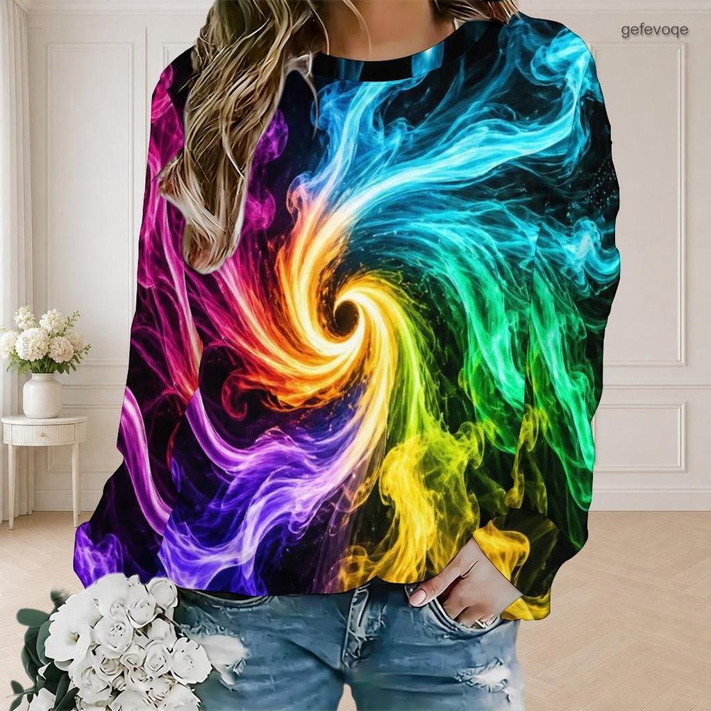 Women Plus Size Round Neck Long Sleeve Ribbed Cuffs Galaxy Nebula Print Sweatshirt