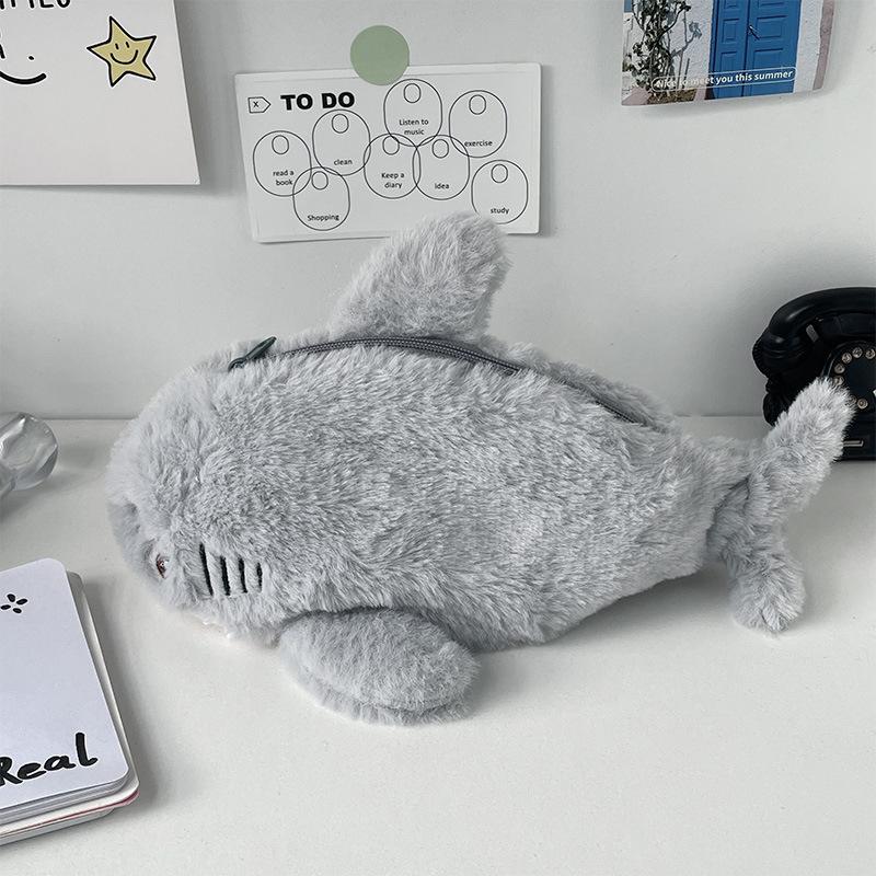 Cute Plush Ocean Shark Pencil Case Cosmetic Bag Portable Large Capacity Pen Pouch Stationery Storage Box School Office Supplies