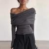 Elegant Fashion Off Shoulder Women Blouse New Female Pile Collar Pleated Knitted Shirt Ladies Office Slim Fit Casual Undershirt Gray Tops Clothes 1531