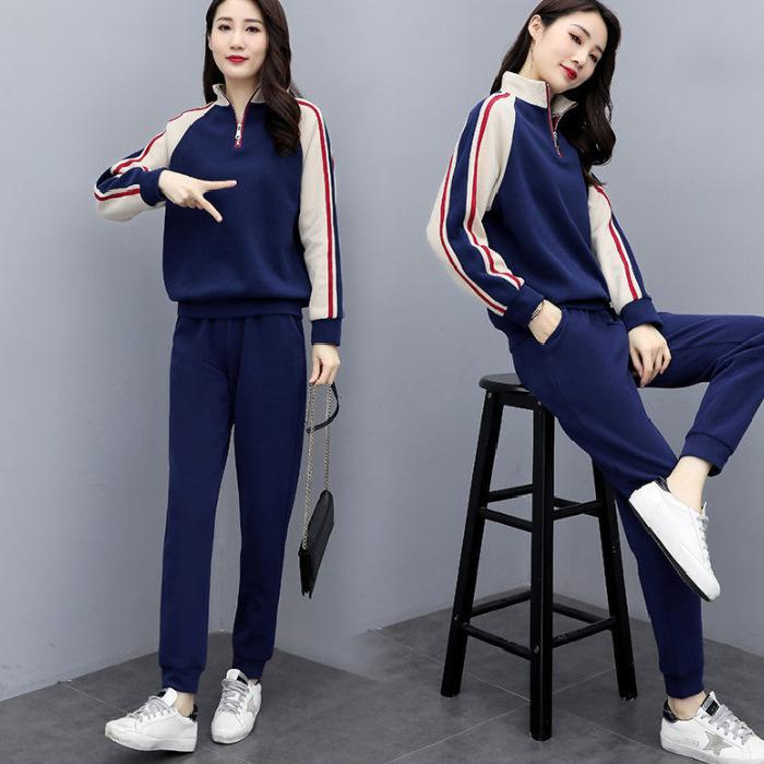 Women Patchwork Stand-Collar Sweatsuits Casual Long Sleeve Pullover Jacket Pant Two-Piece Tracksuit