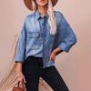 Women's Spring New Retro Loose Denim Shirt Drop Shoulder Section Blue Large Pockets Shirt